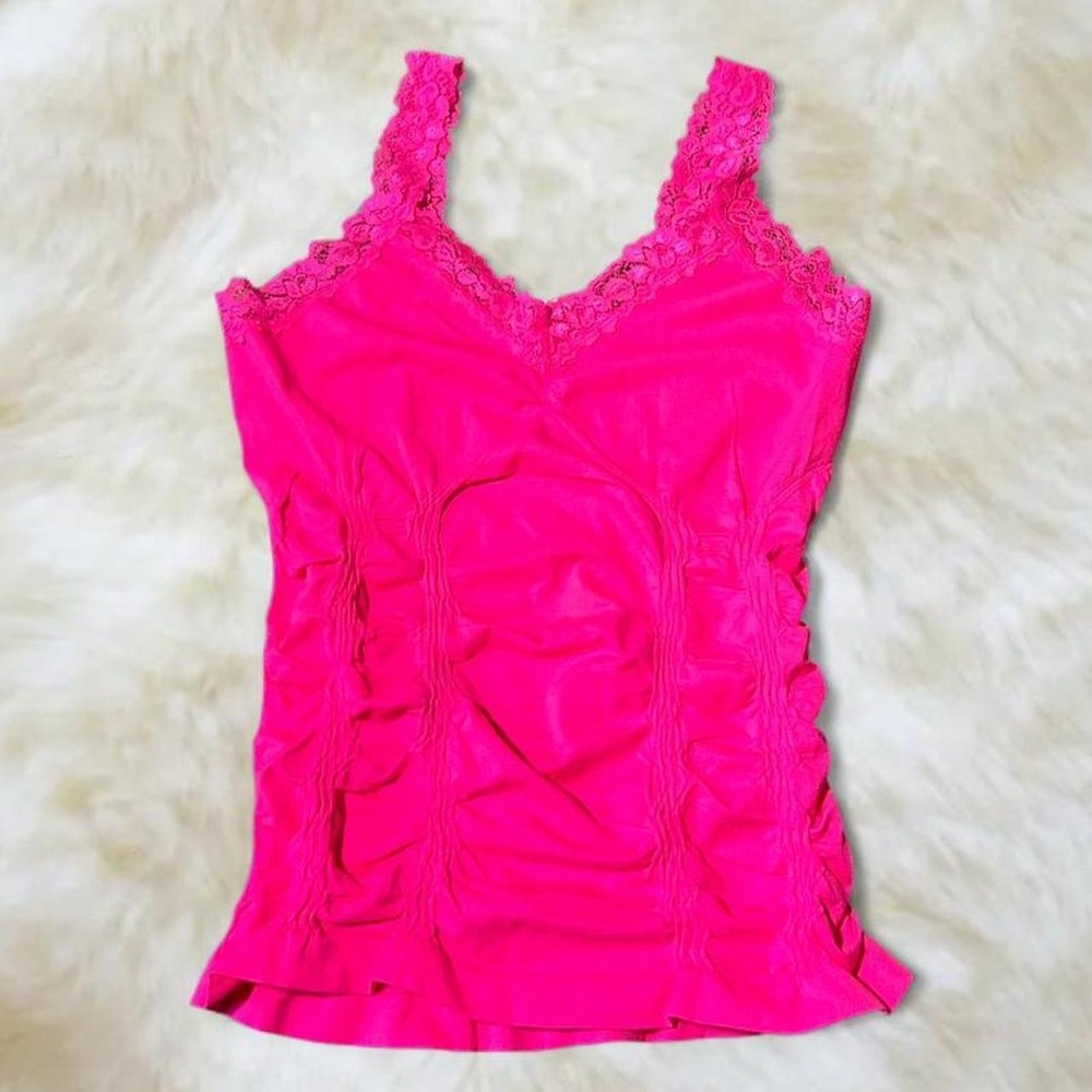 Mopas Hot Pink Lace Trim Ruched Cami Top Y2K Fairycore Coquette TWC306 OS